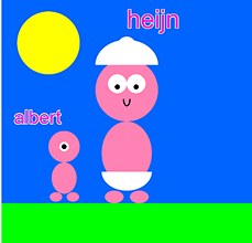 Twee roze figuurtjes onder een gele zon op een blauwe achtergrond