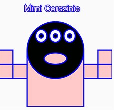 Zwart rond monster met drie ogen en een roze lijf, met de naam Mimi Corazinie