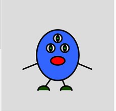 Blauw eivormig wezentje met drie ogen en kleine voetjes