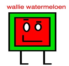 Rood vierkant gezicht in een groen kader, met de naam wallie watermeloen